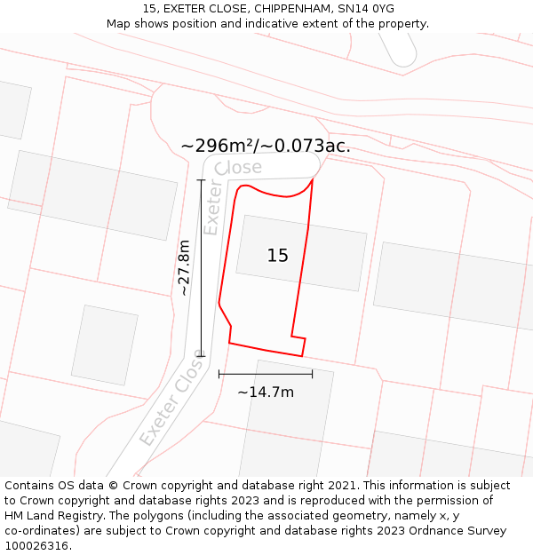 15, EXETER CLOSE, CHIPPENHAM, SN14 0YG: Plot and title map