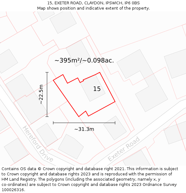15, EXETER ROAD, CLAYDON, IPSWICH, IP6 0BS: Plot and title map