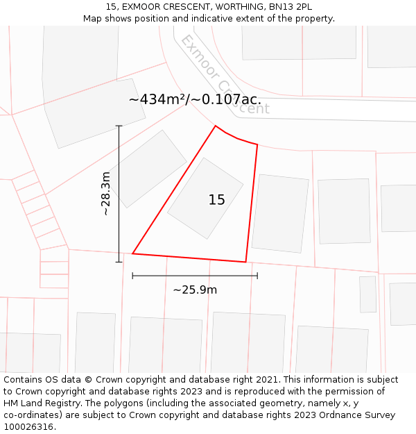 15, EXMOOR CRESCENT, WORTHING, BN13 2PL: Plot and title map