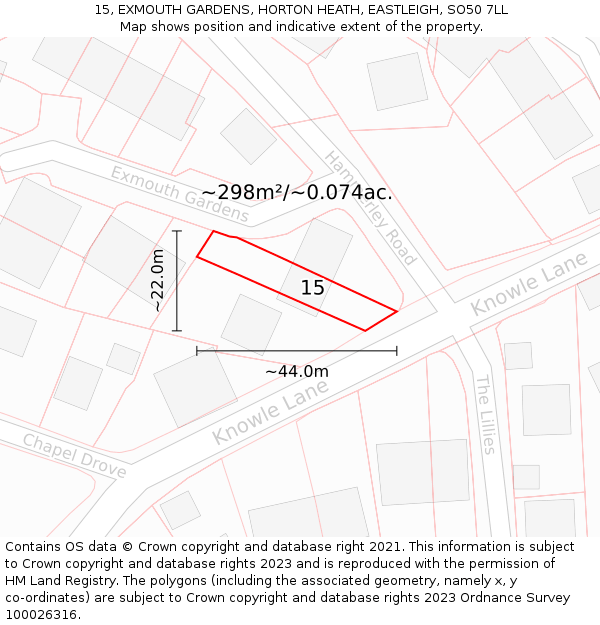 15, EXMOUTH GARDENS, HORTON HEATH, EASTLEIGH, SO50 7LL: Plot and title map
