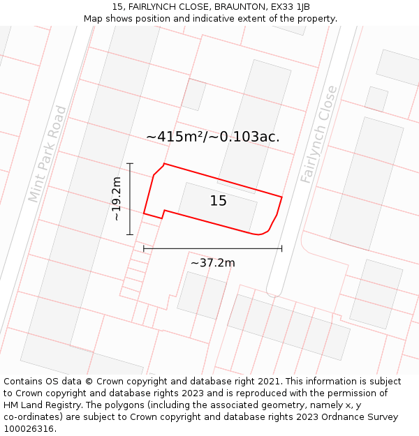 15, FAIRLYNCH CLOSE, BRAUNTON, EX33 1JB: Plot and title map