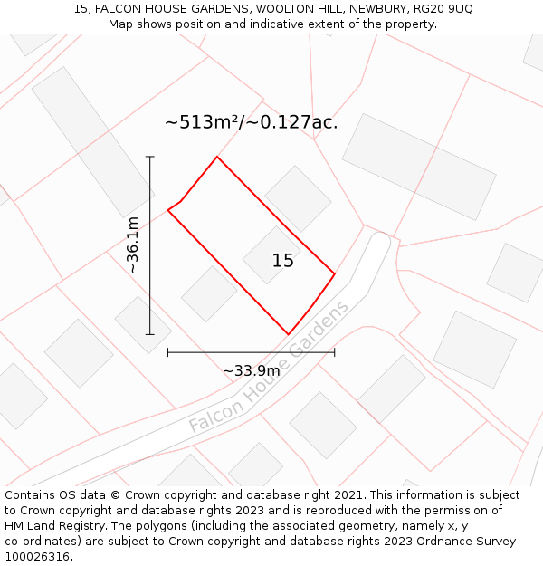 15, FALCON HOUSE GARDENS, WOOLTON HILL, NEWBURY, RG20 9UQ: Plot and title map