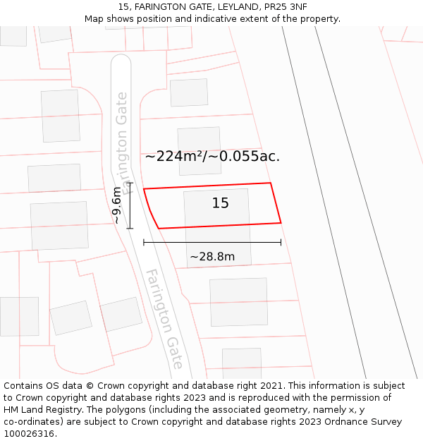 15, FARINGTON GATE, LEYLAND, PR25 3NF: Plot and title map