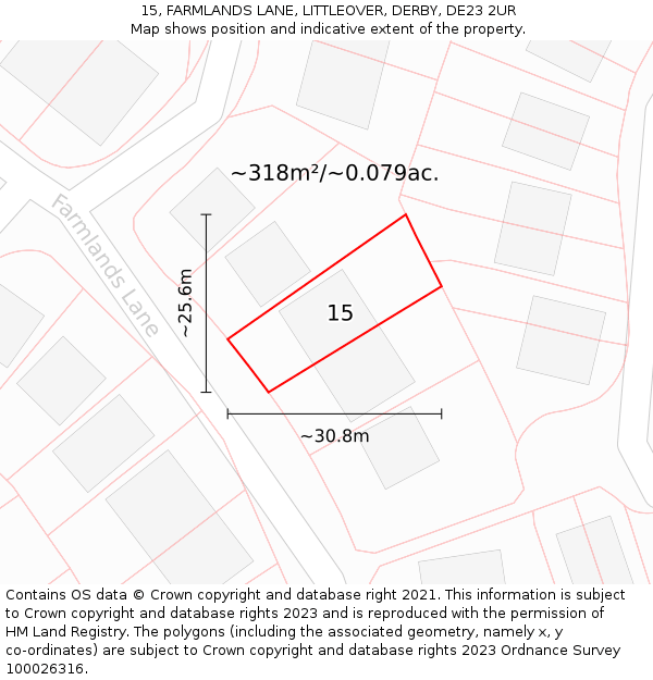 15, FARMLANDS LANE, LITTLEOVER, DERBY, DE23 2UR: Plot and title map