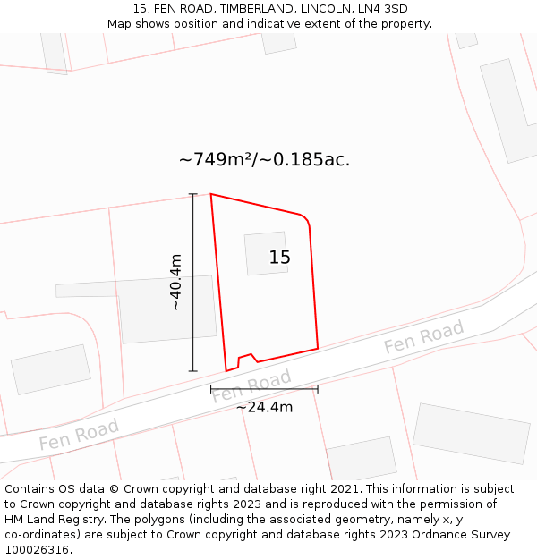 15, FEN ROAD, TIMBERLAND, LINCOLN, LN4 3SD: Plot and title map