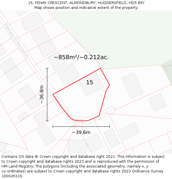 15, FENAY CRESCENT, ALMONDBURY, HUDDERSFIELD, HD5 8XY: Plot and title map