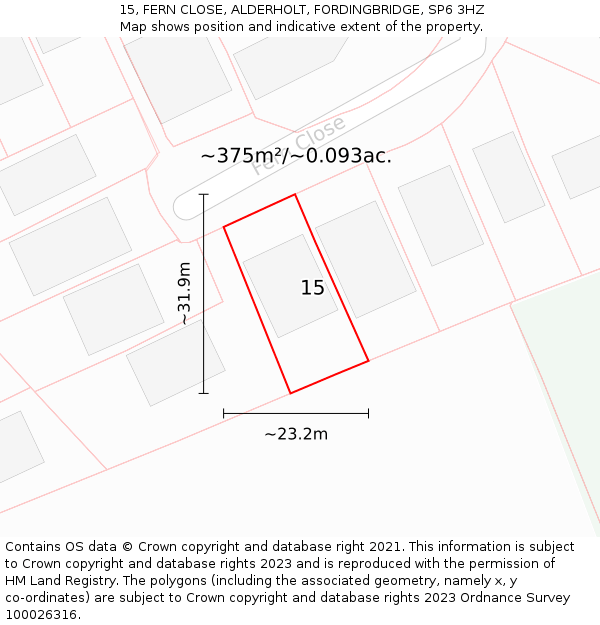 15, FERN CLOSE, ALDERHOLT, FORDINGBRIDGE, SP6 3HZ: Plot and title map