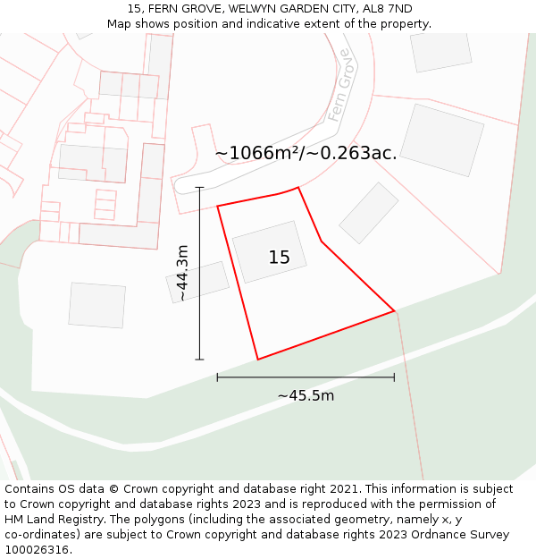15, FERN GROVE, WELWYN GARDEN CITY, AL8 7ND: Plot and title map