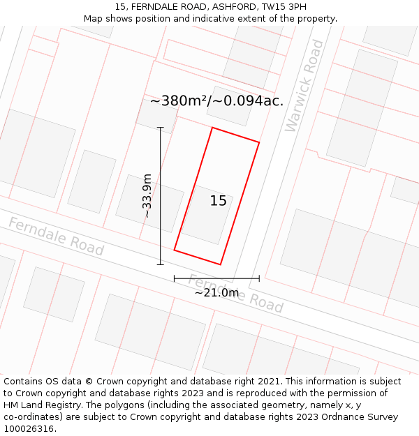 15, FERNDALE ROAD, ASHFORD, TW15 3PH: Plot and title map