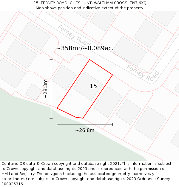 15, FERNEY ROAD, CHESHUNT, WALTHAM CROSS, EN7 6XQ: Plot and title map