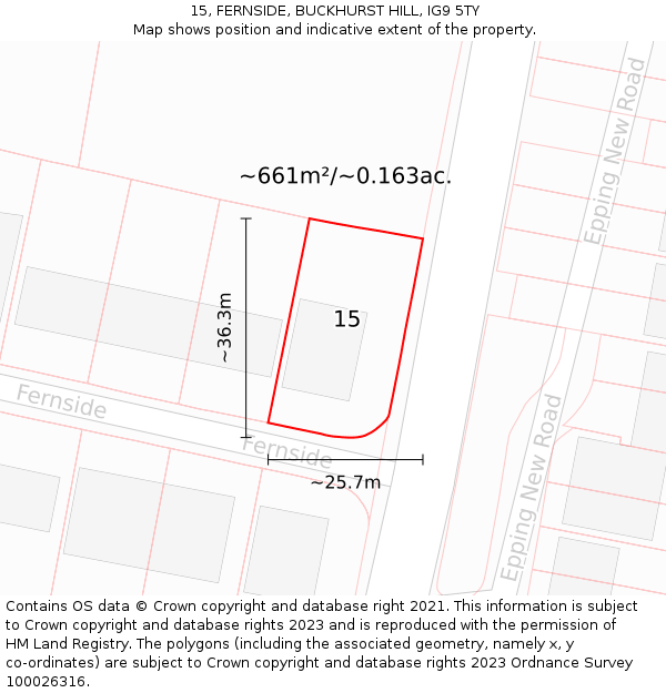15, FERNSIDE, BUCKHURST HILL, IG9 5TY: Plot and title map