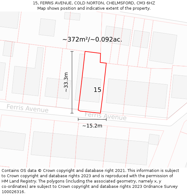15, FERRIS AVENUE, COLD NORTON, CHELMSFORD, CM3 6HZ: Plot and title map