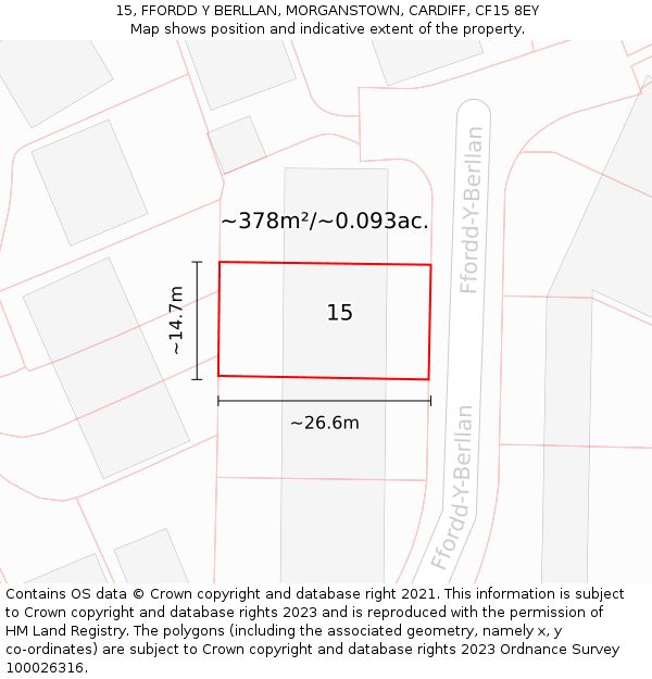 15, FFORDD Y BERLLAN, MORGANSTOWN, CARDIFF, CF15 8EY: Plot and title map