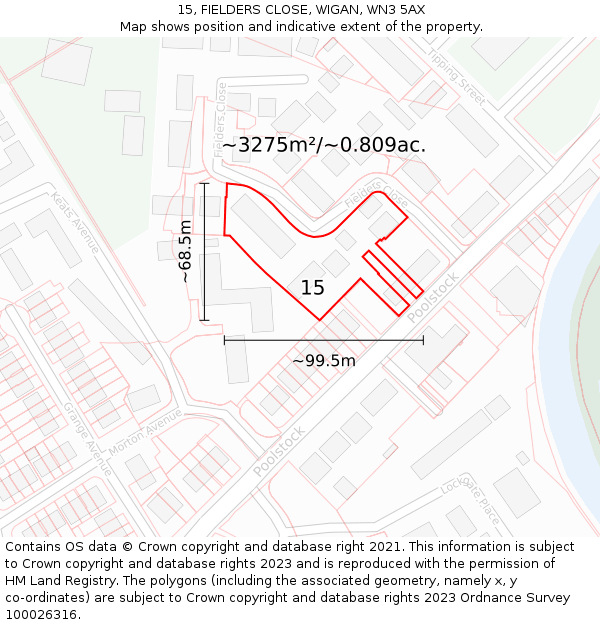15, FIELDERS CLOSE, WIGAN, WN3 5AX: Plot and title map
