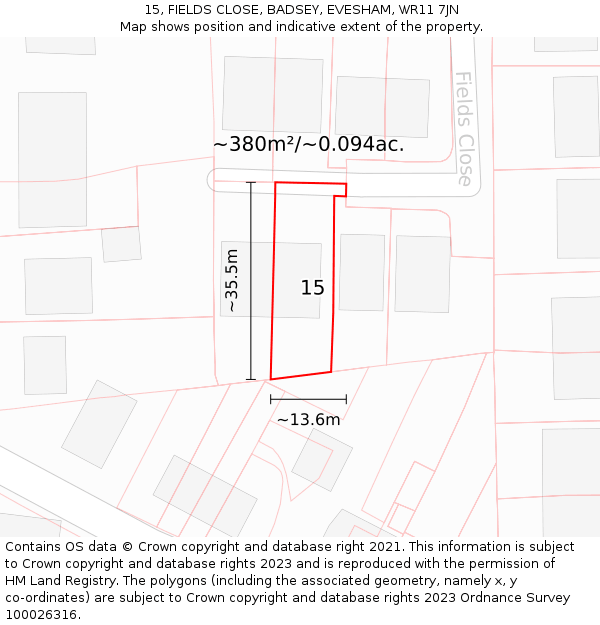 15, FIELDS CLOSE, BADSEY, EVESHAM, WR11 7JN: Plot and title map
