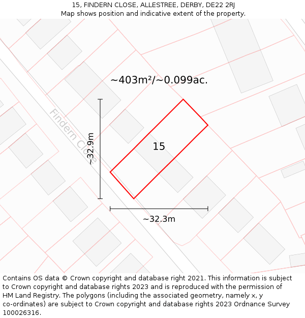15, FINDERN CLOSE, ALLESTREE, DERBY, DE22 2RJ: Plot and title map