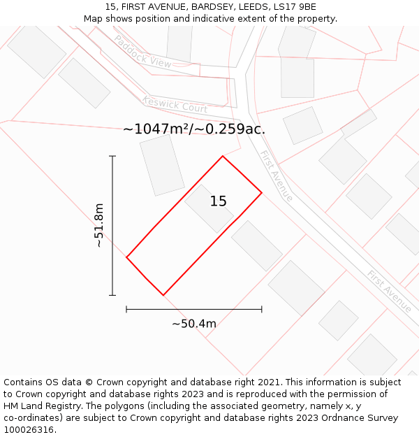15, FIRST AVENUE, BARDSEY, LEEDS, LS17 9BE: Plot and title map