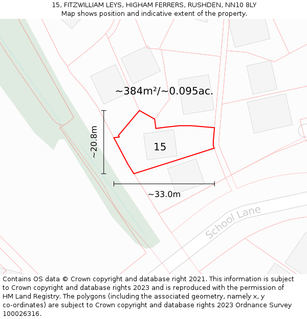 15, FITZWILLIAM LEYS, HIGHAM FERRERS, RUSHDEN, NN10 8LY: Plot and title map