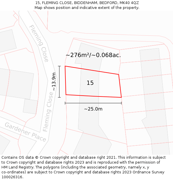 15, FLEMING CLOSE, BIDDENHAM, BEDFORD, MK40 4QZ: Plot and title map