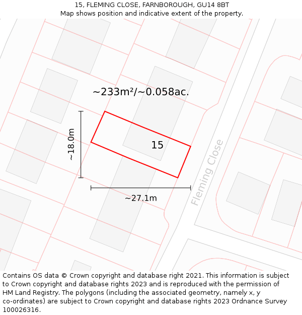 15, FLEMING CLOSE, FARNBOROUGH, GU14 8BT: Plot and title map