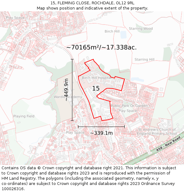 15, FLEMING CLOSE, ROCHDALE, OL12 9RL: Plot and title map