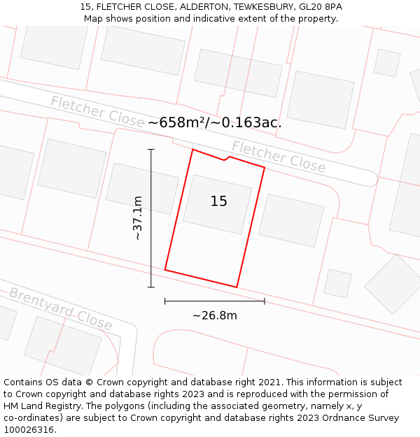 15, FLETCHER CLOSE, ALDERTON, TEWKESBURY, GL20 8PA: Plot and title map