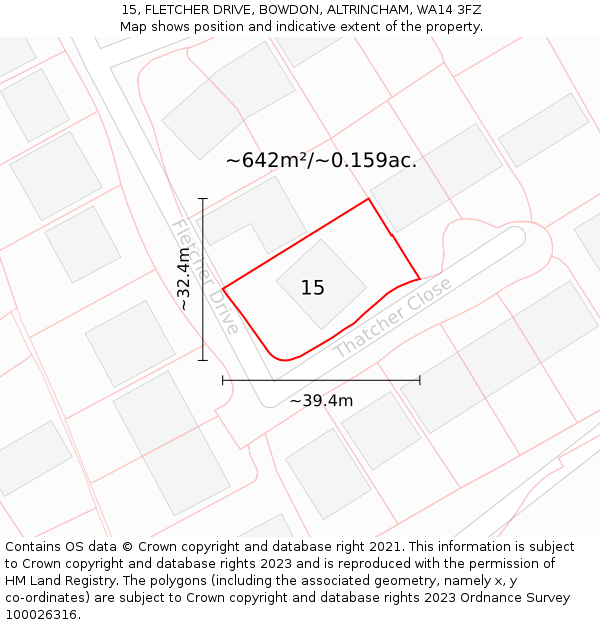 15, FLETCHER DRIVE, BOWDON, ALTRINCHAM, WA14 3FZ: Plot and title map