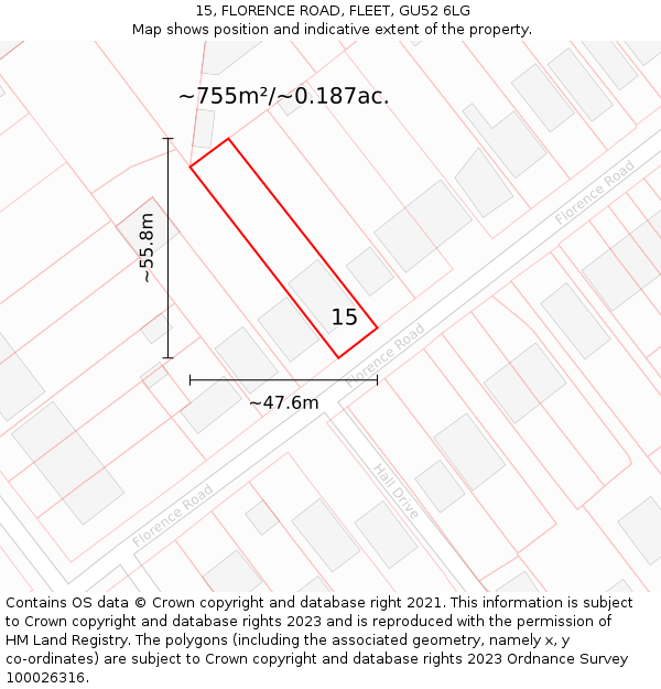 15, FLORENCE ROAD, FLEET, GU52 6LG: Plot and title map