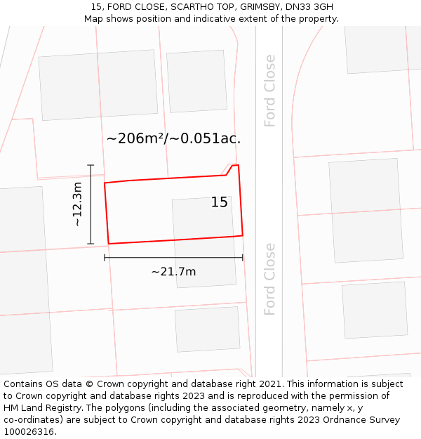 15, FORD CLOSE, SCARTHO TOP, GRIMSBY, DN33 3GH: Plot and title map