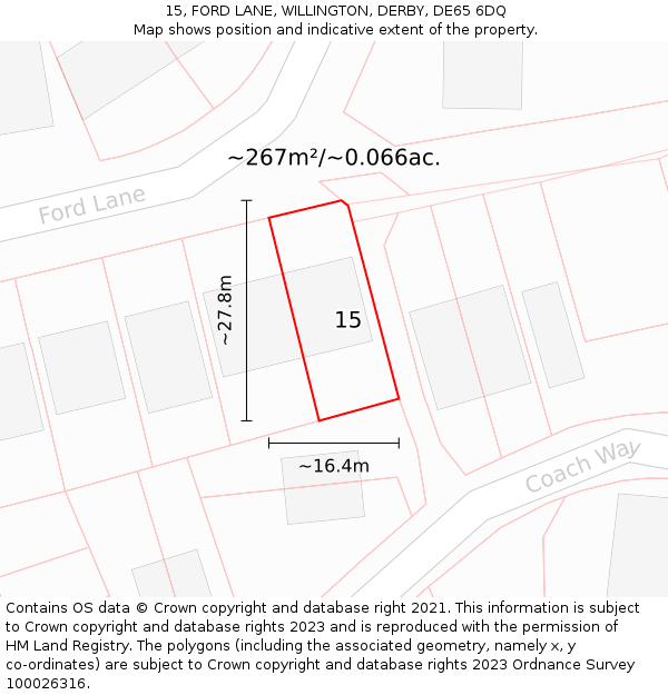 15, FORD LANE, WILLINGTON, DERBY, DE65 6DQ: Plot and title map