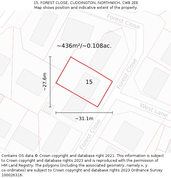 15, FOREST CLOSE, CUDDINGTON, NORTHWICH, CW8 2EE: Plot and title map