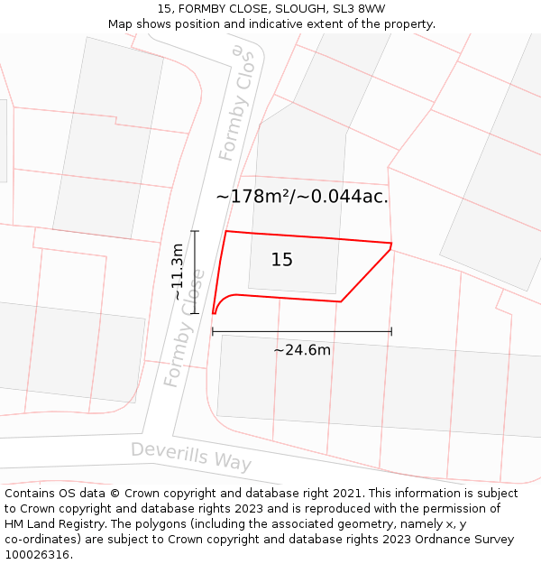 15, FORMBY CLOSE, SLOUGH, SL3 8WW: Plot and title map