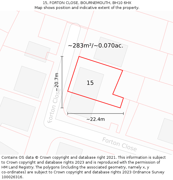 15, FORTON CLOSE, BOURNEMOUTH, BH10 6HX: Plot and title map