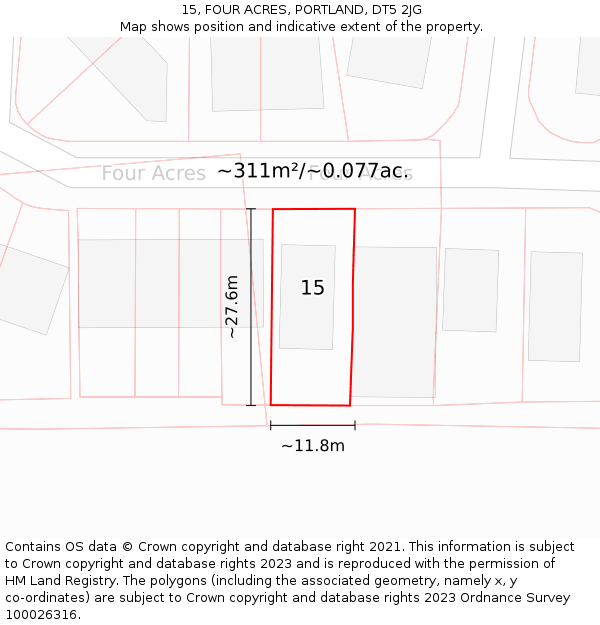 15, FOUR ACRES, PORTLAND, DT5 2JG: Plot and title map