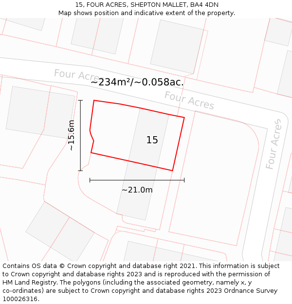 15, FOUR ACRES, SHEPTON MALLET, BA4 4DN: Plot and title map