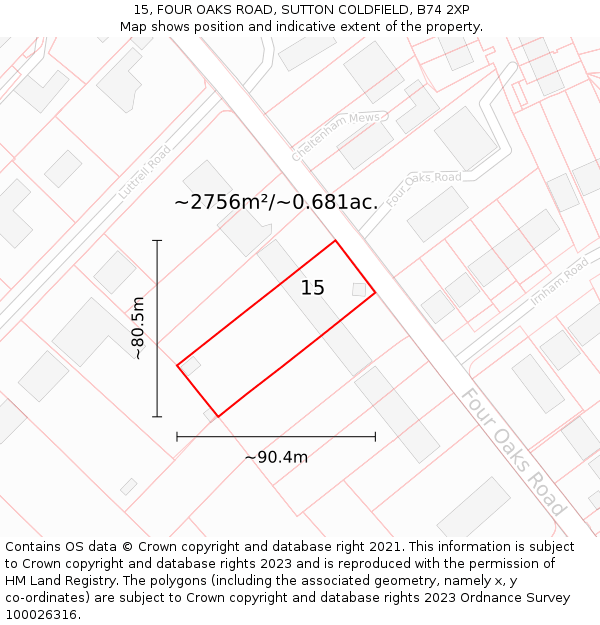 15, FOUR OAKS ROAD, SUTTON COLDFIELD, B74 2XP: Plot and title map