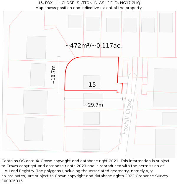 15, FOXHILL CLOSE, SUTTON-IN-ASHFIELD, NG17 2HQ: Plot and title map
