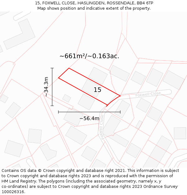 15, FOXWELL CLOSE, HASLINGDEN, ROSSENDALE, BB4 6TP: Plot and title map