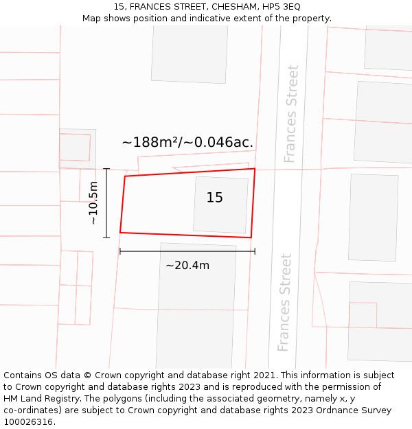 15, FRANCES STREET, CHESHAM, HP5 3EQ: Plot and title map