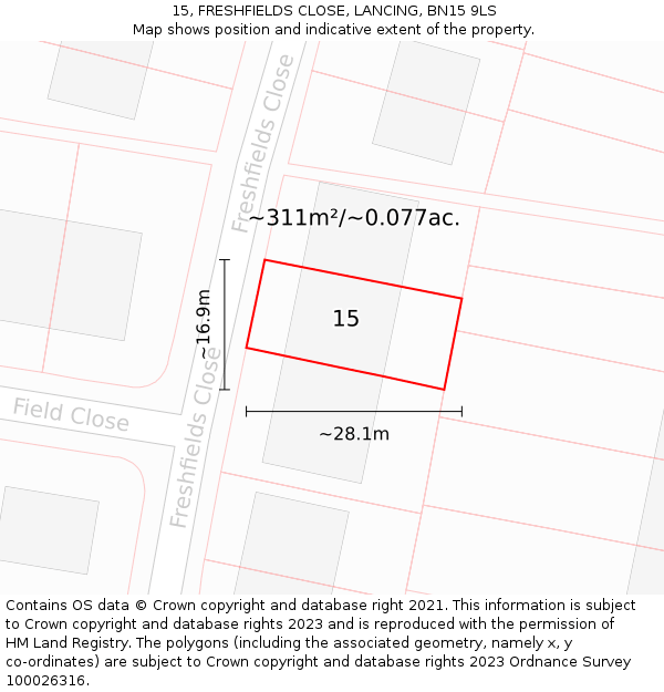 15, FRESHFIELDS CLOSE, LANCING, BN15 9LS: Plot and title map