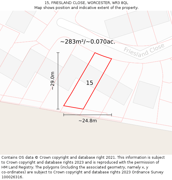 15, FRIESLAND CLOSE, WORCESTER, WR3 8QL: Plot and title map