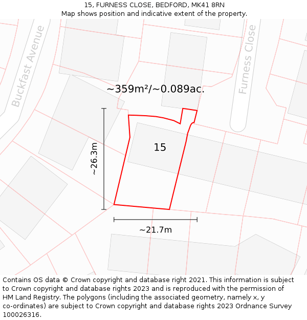 15, FURNESS CLOSE, BEDFORD, MK41 8RN: Plot and title map