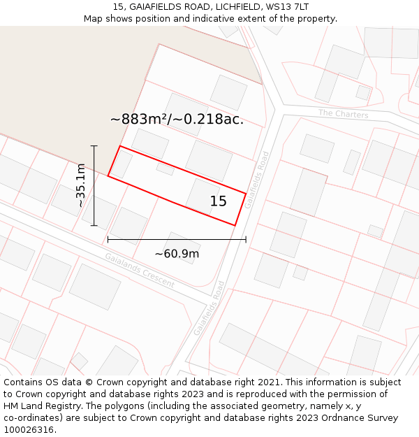 15, GAIAFIELDS ROAD, LICHFIELD, WS13 7LT: Plot and title map