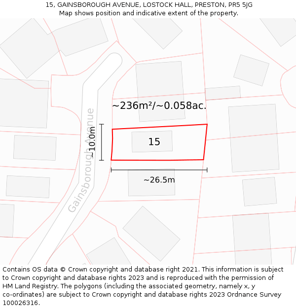 15, GAINSBOROUGH AVENUE, LOSTOCK HALL, PRESTON, PR5 5JG: Plot and title map