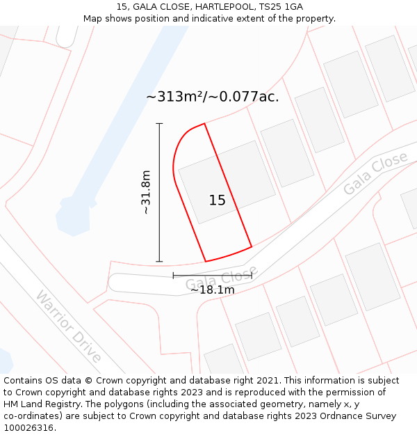 15, GALA CLOSE, HARTLEPOOL, TS25 1GA: Plot and title map