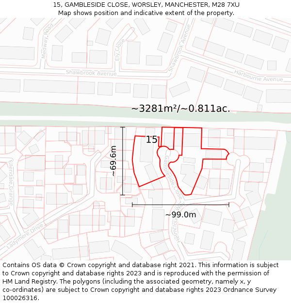 15, GAMBLESIDE CLOSE, WORSLEY, MANCHESTER, M28 7XU: Plot and title map