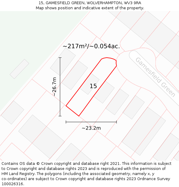 15, GAMESFIELD GREEN, WOLVERHAMPTON, WV3 9RA: Plot and title map