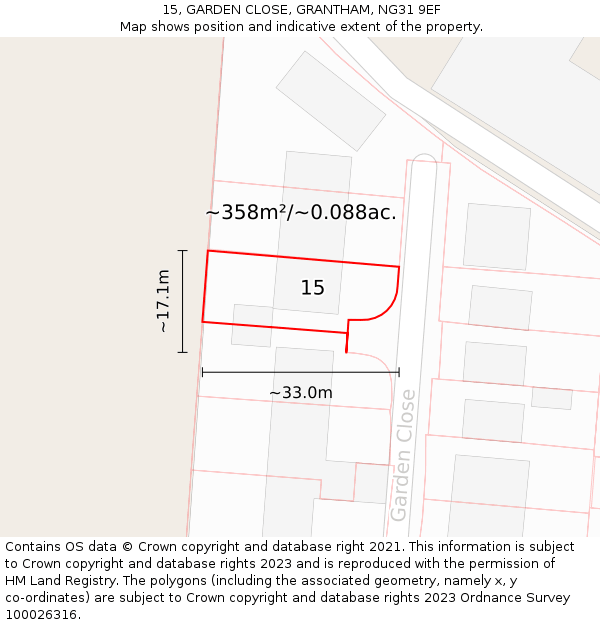 15, GARDEN CLOSE, GRANTHAM, NG31 9EF: Plot and title map