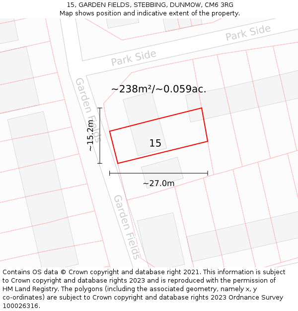 15, GARDEN FIELDS, STEBBING, DUNMOW, CM6 3RG: Plot and title map