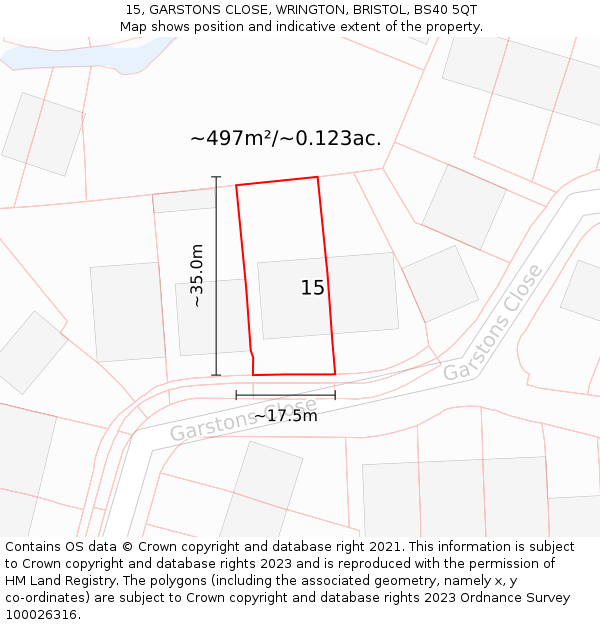15, GARSTONS CLOSE, WRINGTON, BRISTOL, BS40 5QT: Plot and title map